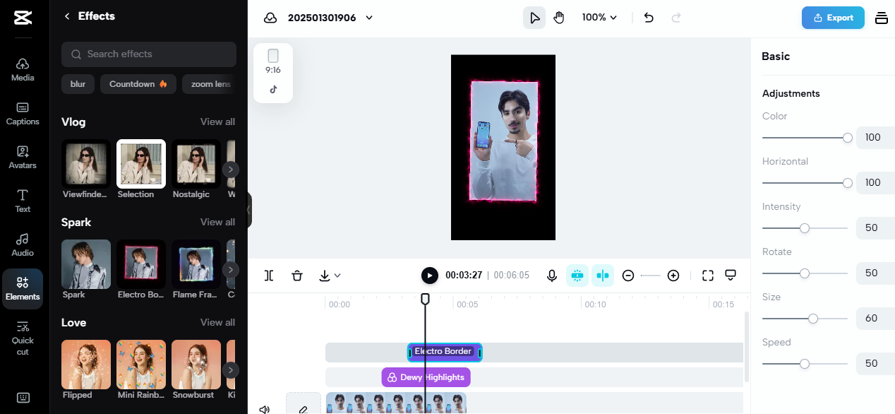 Pippit editing interface with effects and adjustments, showcasing video marketing tools for content creation.